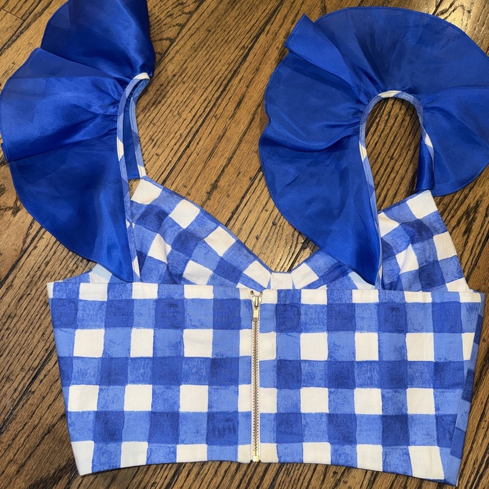 Neubyrne Women's Gingham Plaid Crop Blue White Check Medium Back Zip Bralette - Picture 9 of 9